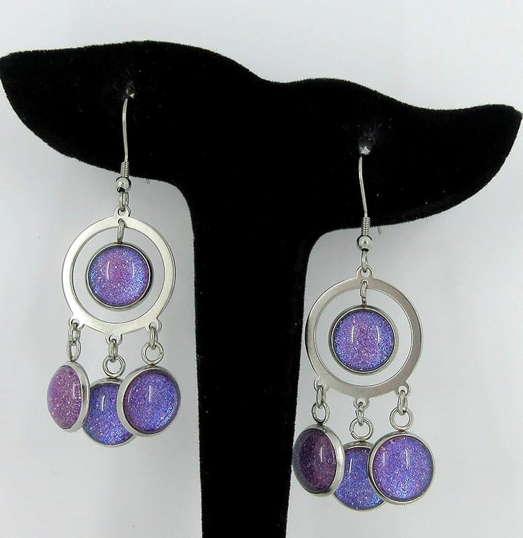 Summerfield Collection Stainless Steel Colorshifting Glitter Glass Chandelier Dangle Earrings Handpainted (Purple)