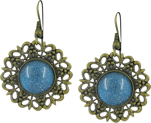 Summerfield Collection Antiqued Gold-tone Blue Glitter Glass Medallion Dangle Earrings Hand-painted