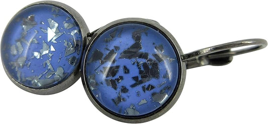 Summerfield Collection Hematite-tone Cornflower Blue Flake Glitter Glass Lever-back Drop Earrings Hand-painted