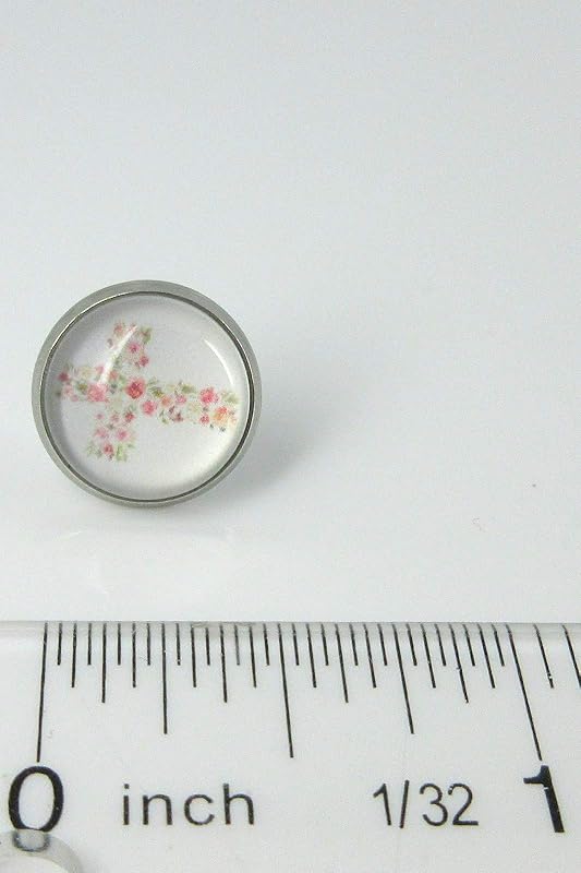 Summerfield Collection Stainless Steel White and Pink Flower Cross Print Glass Stud Earrings 12mm
