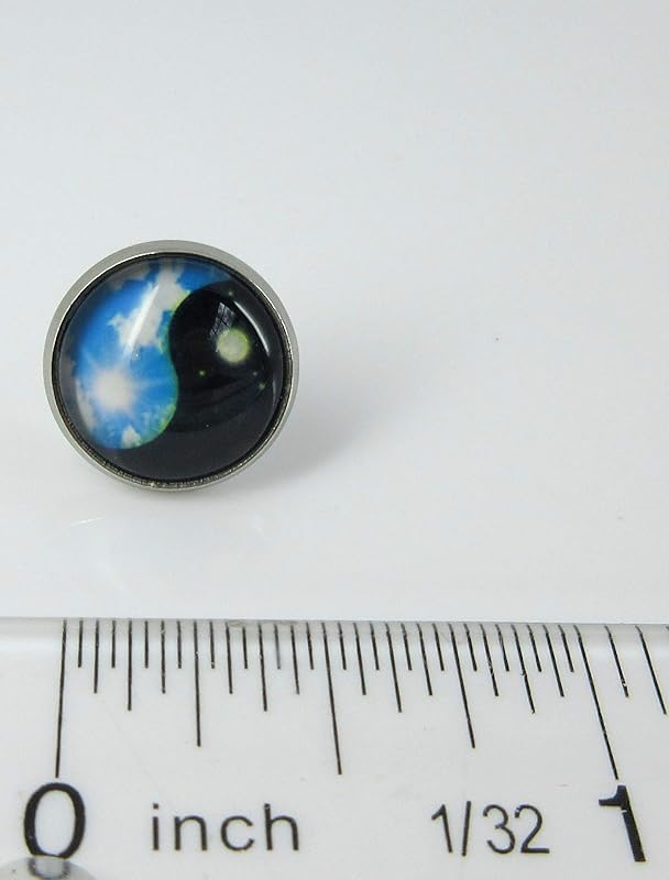 Summerfield Collection Stainless Steel Sky Blue and Black Day Night Yin Yang Print Glass Stud Earrings 12mm