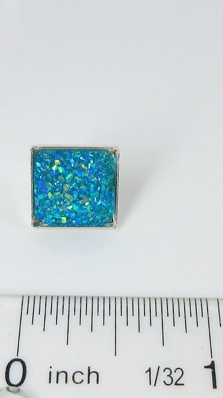 Summerfield Collection Silver-tone Geometric Square Shaped Flat Faux Druzy Stud Earrings 12mm (Aqua Blue)