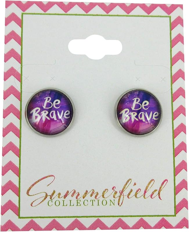 Summerfield Collection Stainless Steel Be Brave Print Glass Stud Earrings 12mm