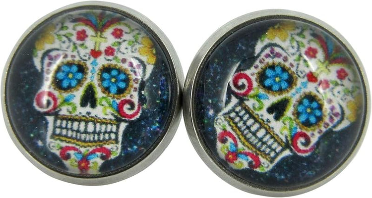 Summerfield Collection Stainless Steel Black Sugar Skull Printed Glass Stud Earrings 12mm
