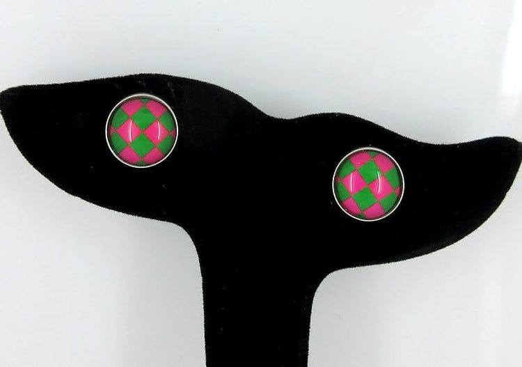 Summerfield Collection Stainless Steel Checkerboard Print Glass Stud Earrings 12mm (Pink and Green)