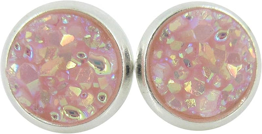 Summerfield Collection Silver-tone Pastel AB Faux Druzy Stone Stud Earrings 8mm (Ballet Pink)