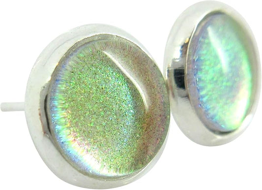 Summerfield Collection Silver-tone Pink to Green Color Shift Glitter Glass Stud Earrings Hand-painted 8mm