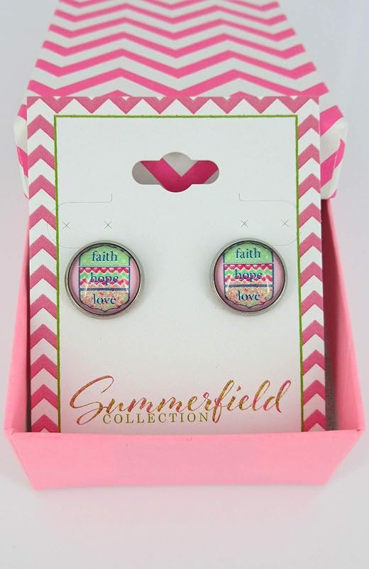 Summerfield Collection Stainless Steel Faith Hope Love Print Glass Stud Earrings 12mm