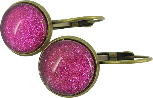Summerfield Collection Antiqued Gold-tone Hot Pink Glitter Glass Lever-back Drop Earrings Hand-painted