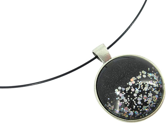 Summerfield Collection Silver-Tone Black and Holographic Glitter Glass Geometric Pendant Necklace Magnetic 18 inch