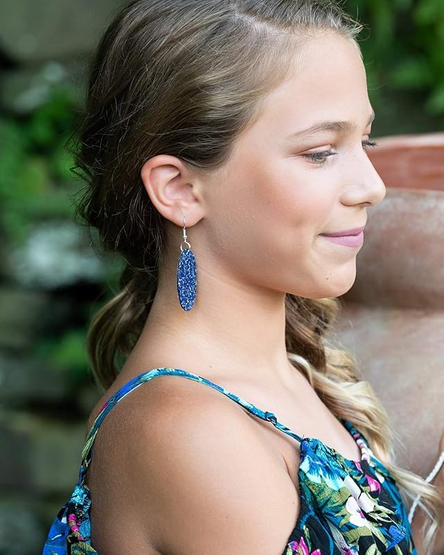 Summerfield Collection Silver-tone Glitter Faux Leather Oval Dangle Earrings (Blue w/Pink and Black)