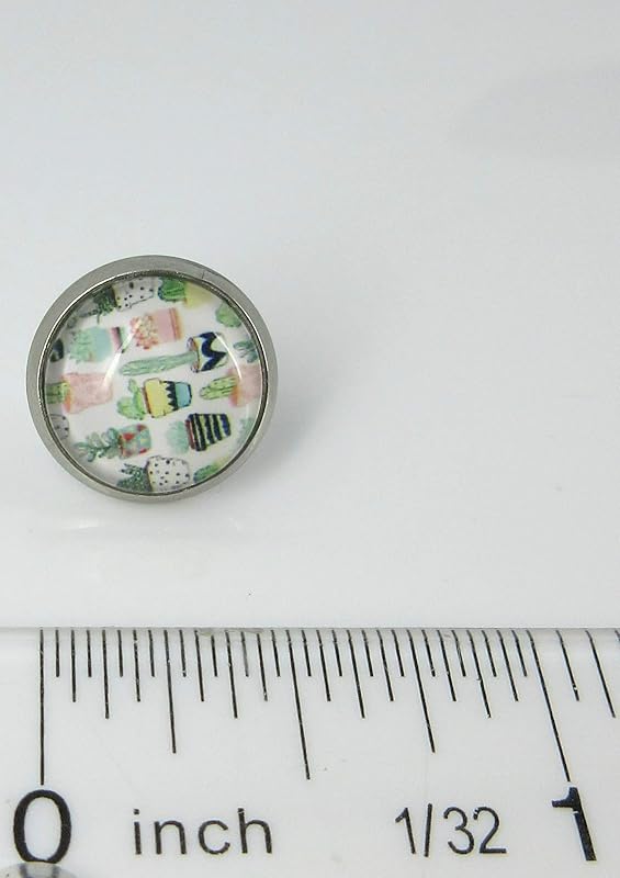 Summerfield Collection Stainless Steel Potted Succulent Print Glass Stud Earrings 12mm