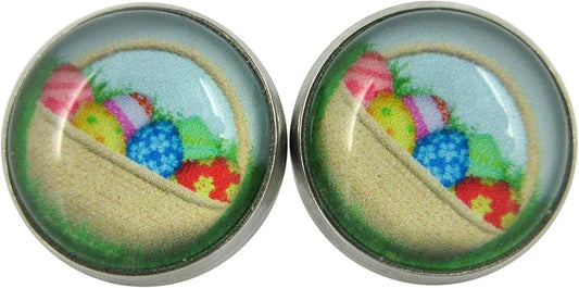 Summerfield Collection Stainless Steel Easter Egg Basket Print Glass Stud Earrings 12mm