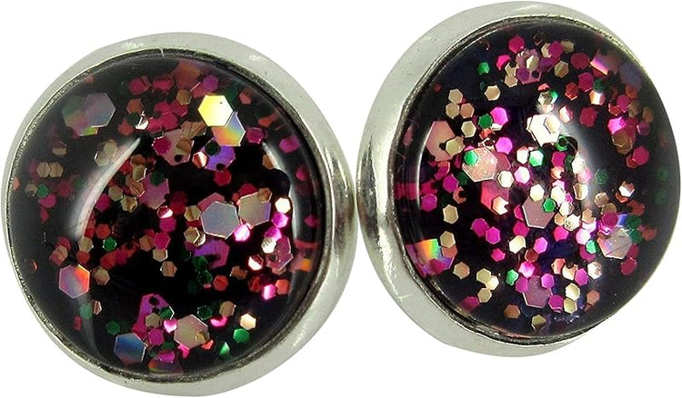 Summerfield Collection Silver-tone Preppy Mix Glitter Glass Stud Earrings Hand-painted 12mm