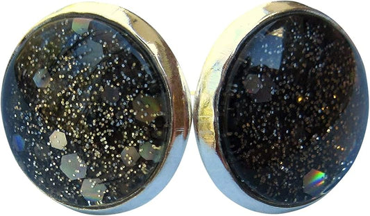 Summerfield Collection Silver-tone Black Holographic Glitter Glass Galaxy Stud Earrings Hand-painted 12mm