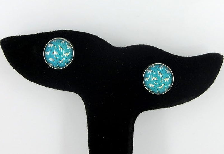 Summerfield Collection Stainless Steel Dinosaur Print Glass Stud Earrings 12mm Teal and White