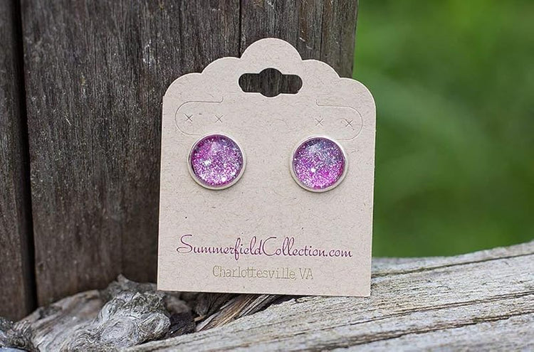 Summerfield Collection Silver-tone Twinkle Glitter Glass Galaxy Stud Earrings Hand-painted 12mm (Magenta Pink)
