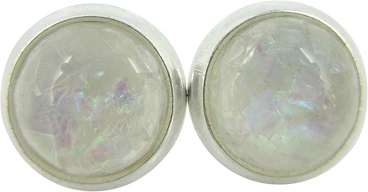 Summerfield Collection Shiny Silver-tone Opalescent Leaf Resin Stud Earrings 8mm (White)