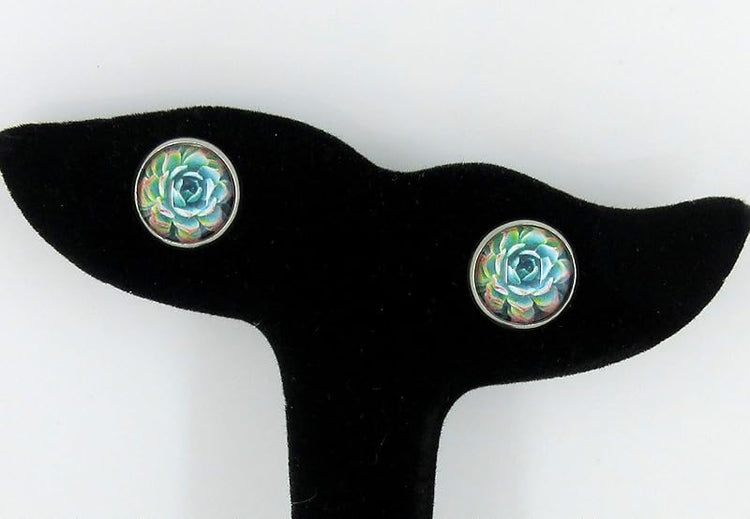 Summerfield Collection Stainless Steel Succulent Plant Print Glass Stud Earrings 12mm (Green/Yellow/Red)