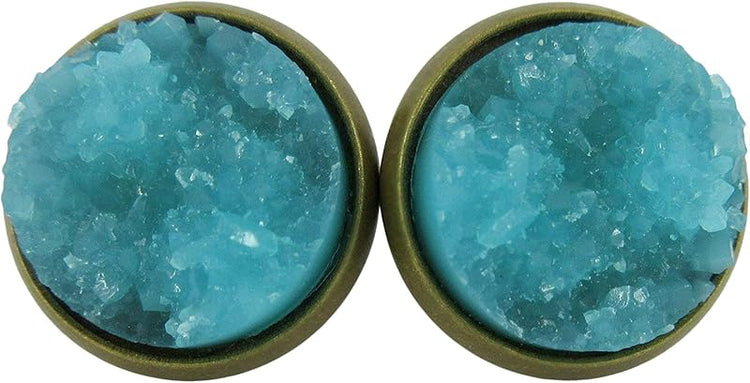 Summerfield Collection Antiqued Gold-tone Faux Druzy Stone Stud Earrings 12mm (Aqua Blue)