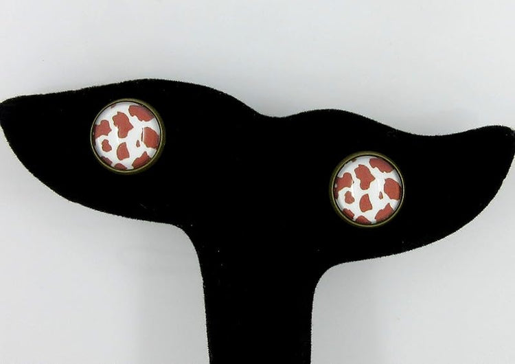 Summerfield Collection Antiqued Gold-tone Brown Cow Animal Print Glass Stud Earrings 12mm