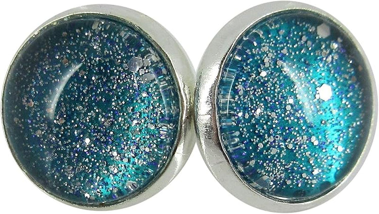 Summerfield Collection Silver-tone Twinkle Glitter Glass Galaxy Stud Earrings Hand-painted 12mm (Teal Green/Blue)