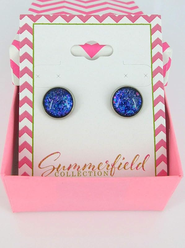 Summerfield Collection Stainless Steel Blue Purple Pink Glitter Glass Stud Earrings Hand-painted 10mm