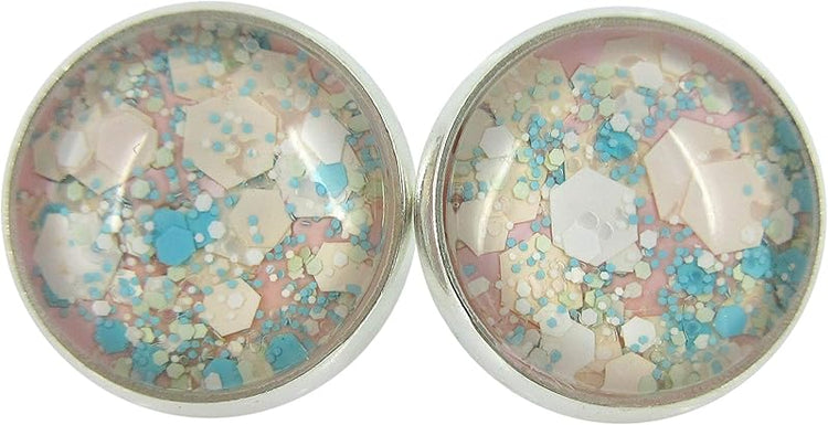 Summerfield Collection Silver-tone Pink Aqua Blue White and Lime Green Glitter Glass Stud Earrings Hand-painted 12mm