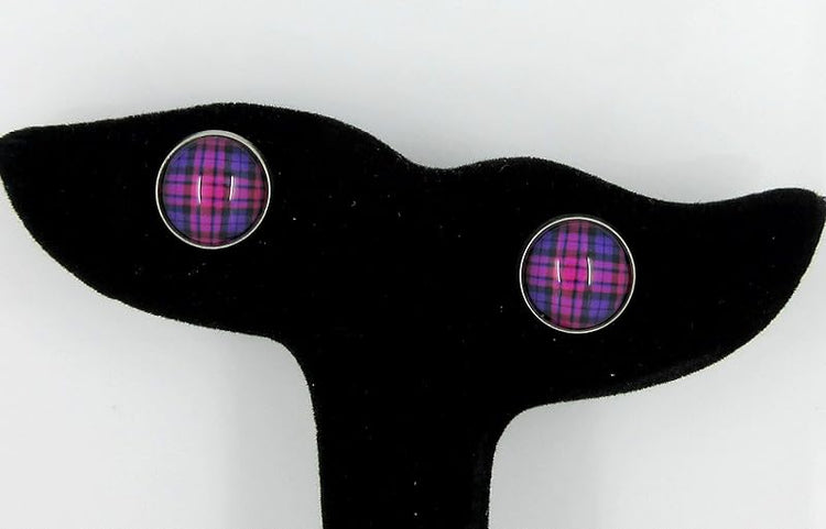 Summerfield Collection Stainless Steel Duo Stud Earrings Plaid Print Glass 12mm Set (Dark)