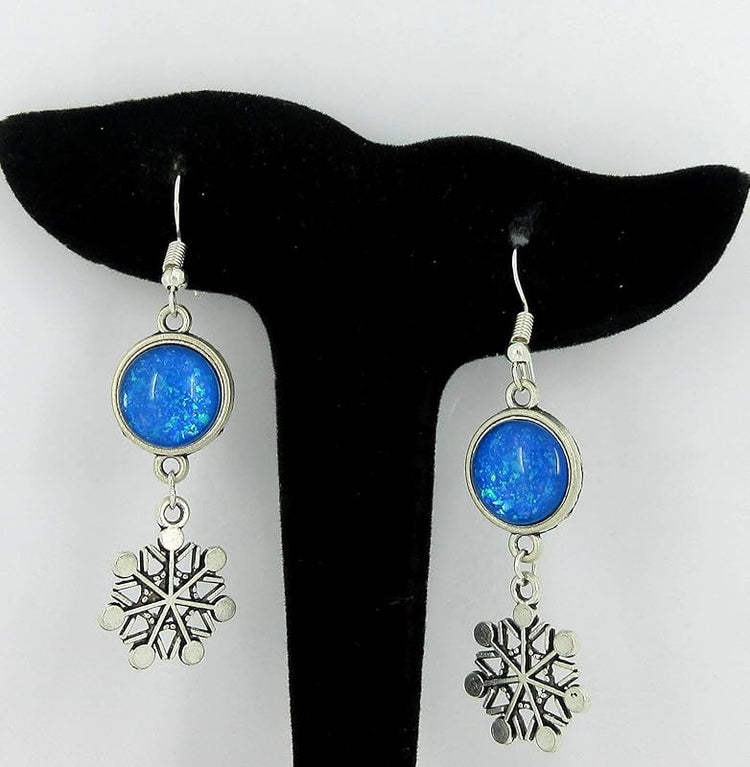 Summerfield Collection Antiqued Silver-tone Cobalt Blue Glitter Glass Dangle Earrings Snowflake Charm Hand-painted