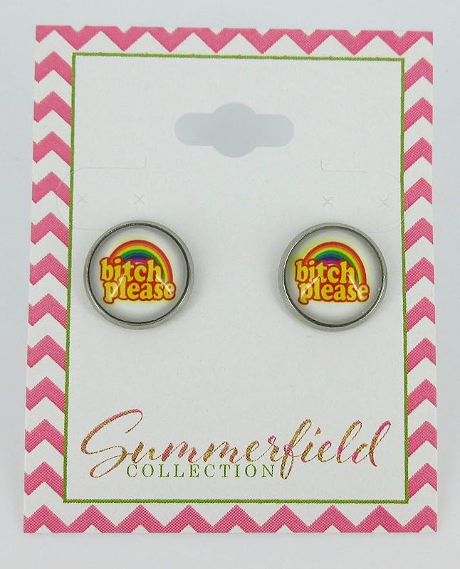Summerfield Collection Stainless Steel Rainbow Bitch Please Print Glass Stud Earrings 12mm