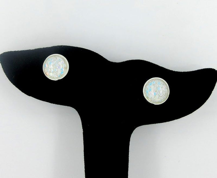 Summerfield Collection Shiny Silver-tone White Iridescent Glitter Resin Stud Earrings 10mm