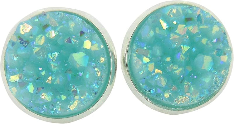 Summerfield Collection Silver-tone Pastel AB Faux Druzy Stone Stud Earrings 12mm (Aqua Blue)