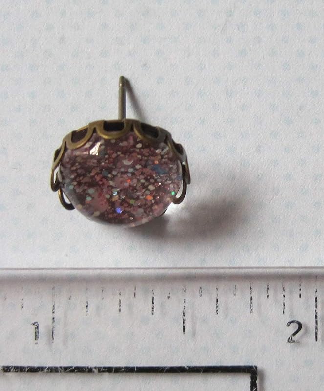 Summerfield Collection Antiqued Gold-tone Pink Iridescent Glitter Glass Stud Earrings Hand-painted 12mm