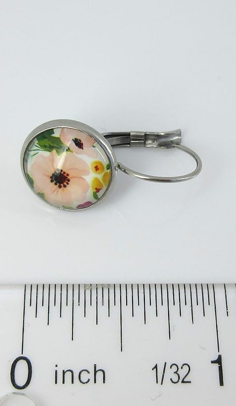 Summerfield Collection Stainless Steel Pink Flower Printed Glass Lever-back Drop Earrings 12mm