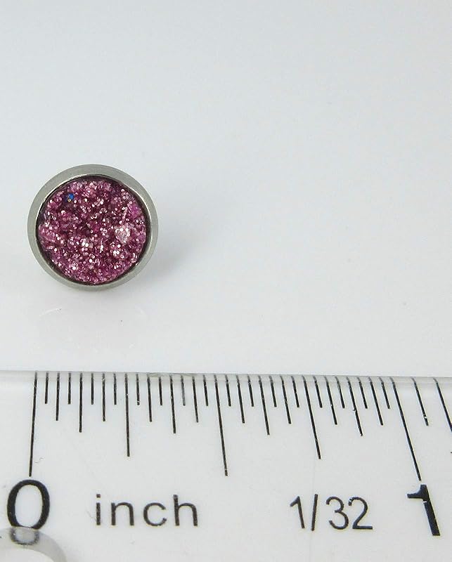 Summerfield Collection Stainless Steel Glitter Faux Druzy Stone Stud Earrings 8mm (Medium Pink)