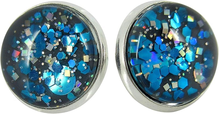 Summerfield Collection Silver-tone Charcoal Gray and Blue Glitter Glass Stud Earrings Hand-painted 12mm