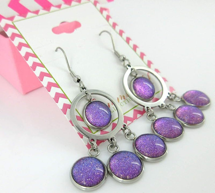 Summerfield Collection Stainless Steel Colorshifting Glitter Glass Chandelier Dangle Earrings Handpainted (Purple)