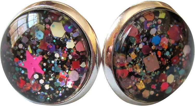 Summerfield Collection Silver-Tone Black and Multi-Color Confetti Glitter Glass Stud Earrings 1/2" Round