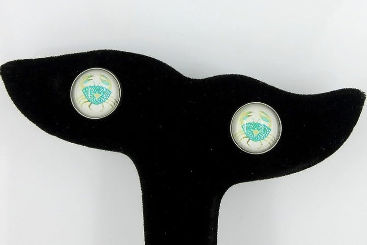 Summerfield Collection Stainless Steel Blue Crab Print Glass Stud Earrings 12mm