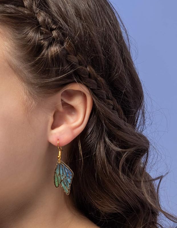 Summerfield Collection Gold Tone Butterfly Wing Fabric Dangle Earrings (Blue and Green Double Wing)