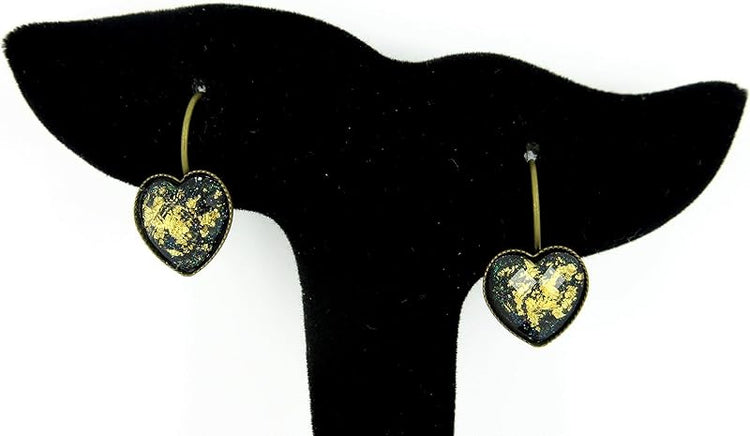 Summerfield Collection Antiqued Gold-tone Leaf Foil Black Glitter Resin Heart Drop Earrings Lever-back 12mm