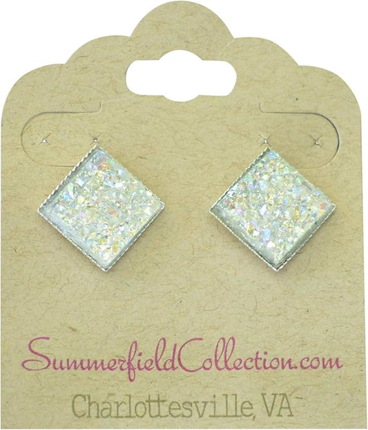 Summerfield Collection Silver-tone Metallic Geometric Square Shaped Chunky Faux Druzy Stud Earrings 12mm Statement (Clear AB)
