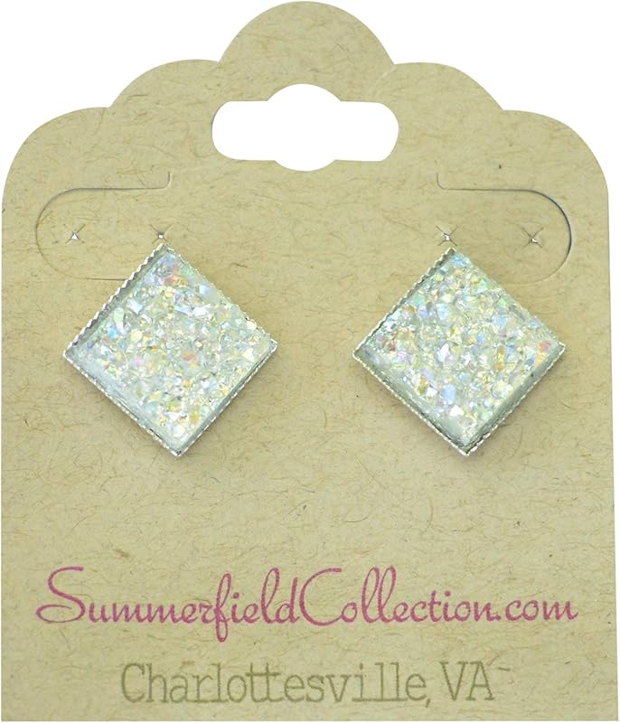Summerfield Collection Silver-tone Metallic Geometric Square Shaped Chunky Faux Druzy Stud Earrings 12mm Statement (Clear AB)