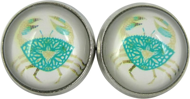 Summerfield Collection Stainless Steel Blue Crab Print Glass Stud Earrings 12mm