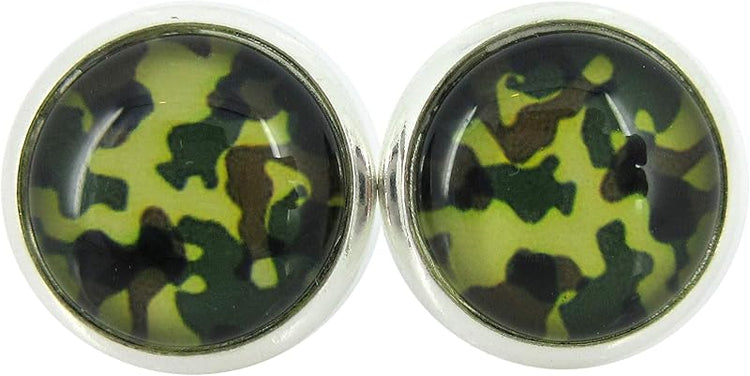 Summerfield Collection Silver-tone Camo Print Glass Stud Earrings 10mm Camoflauge (Green)