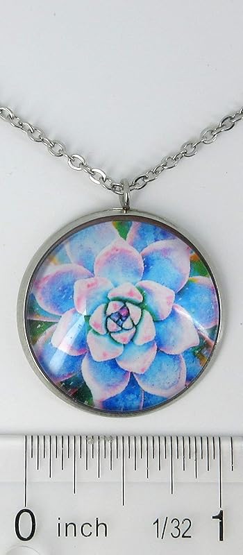 Summerfield Collection Stainless Steel Succulent Printed Glass Necklace Drop Earrings Set (Blue/Pink)