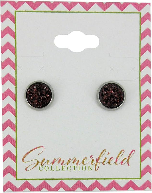 Summerfield Collection Stainless Steel Glitter Faux Druzy Stone Stud Earrings 8mm (Black Cherry)