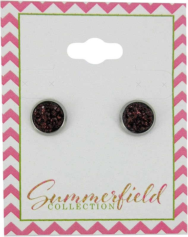 Summerfield Collection Stainless Steel Glitter Faux Druzy Stone Stud Earrings 8mm (Black Cherry)