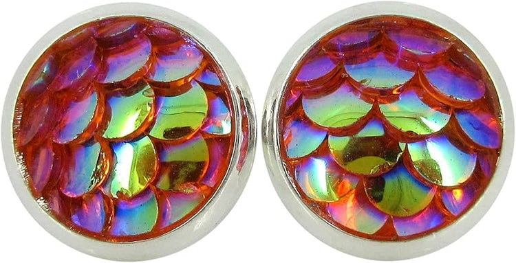 Summerfield Collection Silver-tone Metallic Mermaid Scale Stud Earrings 8mm (Orange AB)